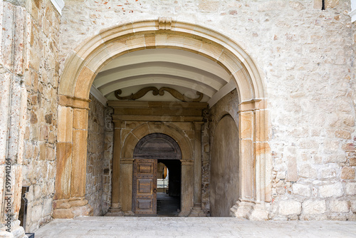 Entrance door to Crato Castle in Flor da Rosa in Portugal