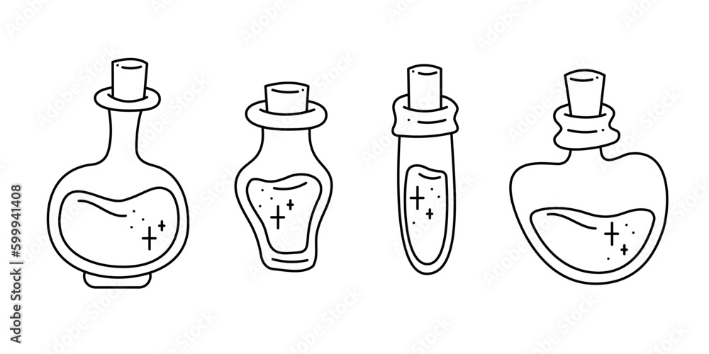 A small set of 4 vials with a magic potion. Doodle vector illustration, clipart. A small set of 4 vials with a magic potion. Doodle vector illustration, clipart.