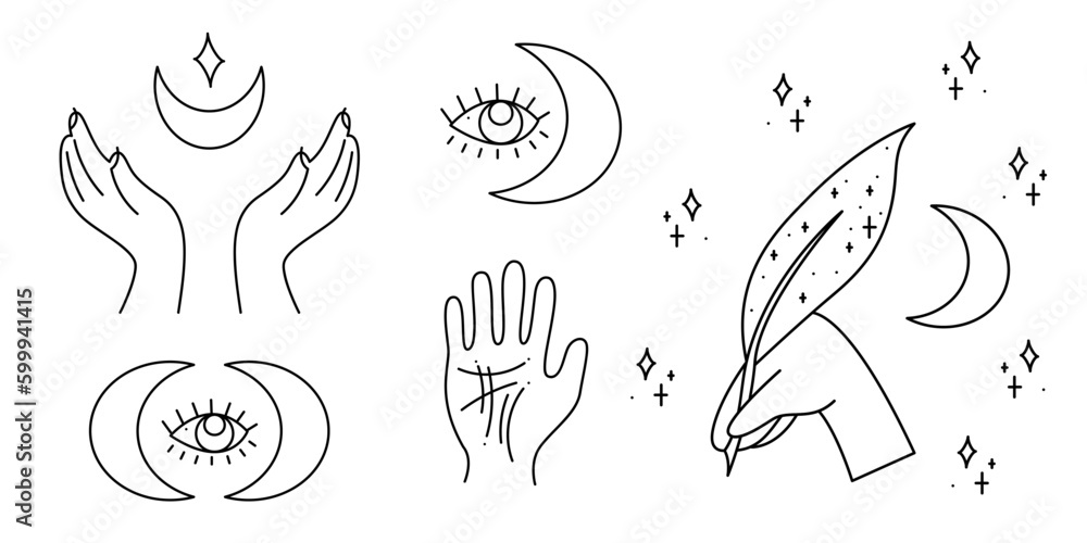 Magic set with arms, crescents, all-seeing eyes and a feather. Doodle vector illustration, clipart. Magic set with arms, crescents, all-seeing eyes and a feather. Doodle vector illustration, clipart.