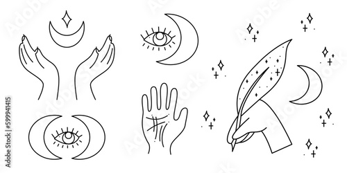 Magic set with arms, crescents, all-seeing eyes and a feather. Doodle vector illustration, clipart.