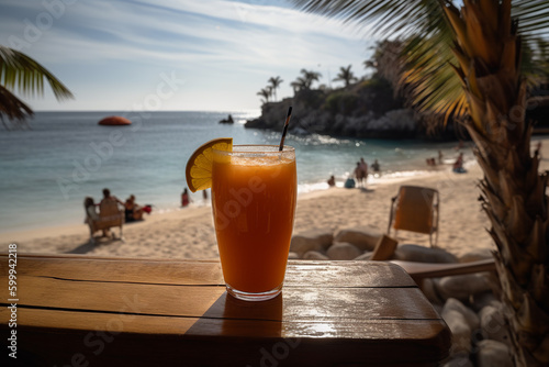 Refreshing beach juice with crystal clear waters and palm trees in the background. Generative AI