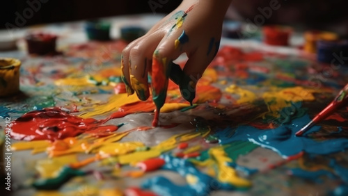Children finger painting indoor - Generative AI