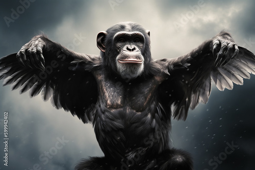 Mighty chimpanzee soaring through clouds with wings. Fantasy wildlife concept. Generative AI © yarohork