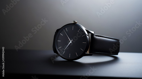 Close up of watch on table with gray background and black strap. Generative AI.