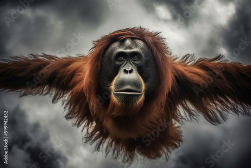 A majestic orangutan with wings soars through the clouds, wisdom and power. Generative AI © yarohork
