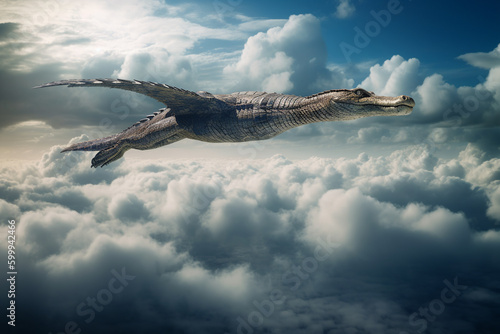 A majestic gharial crocodile takes to the skies, soaring high above the clouds. Generative AI © yarohork