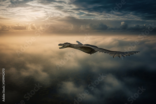 A majestic gharial crocodile takes to the skies, soaring high above the clouds. Generative AI
