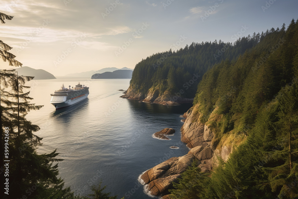 Pacific Northwest cruise ship view of rocky coastlines and forests. Generative AI