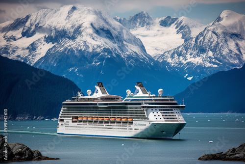 Cruise ship sailing in misty fjord among rising mountains. Generative AI