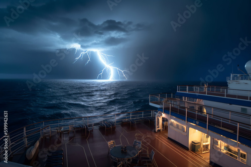 Dramatic seascape with a cruise ship during thunderstorm. Generative AI