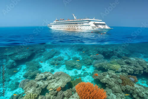 Vibrant coral reefs from a South Pacific cruise ship. Generative AI