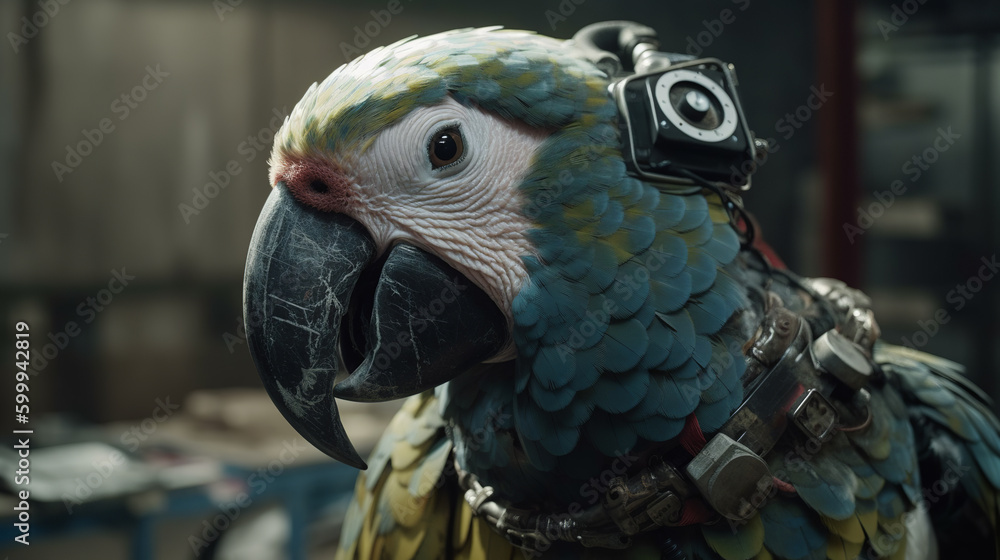 Obraz premium a cyborg parrot in a post apocalyptic world, perched on a rusted metal beam. Generative AI