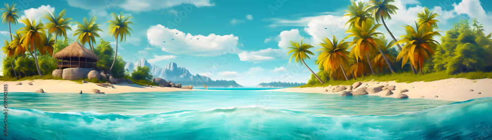 Image of tropical beach with palm tree in the foreground. Generative AI.