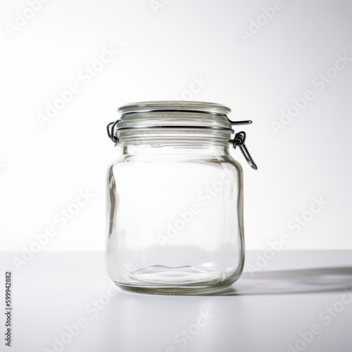Glass jar sitting on table with metal clip on the top of it. Generative AI.