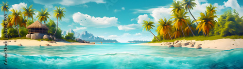 Image of tropical beach with palm tree in the foreground. Generative AI. © valentyn640