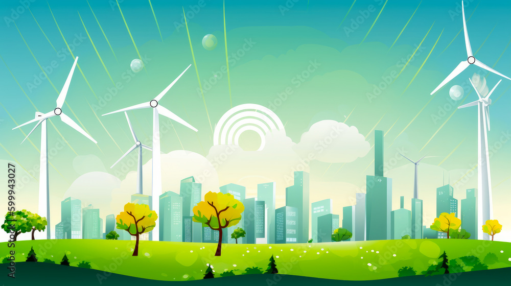 Green city with wind turbine in the distance and trees in the foreground. Generative AI.