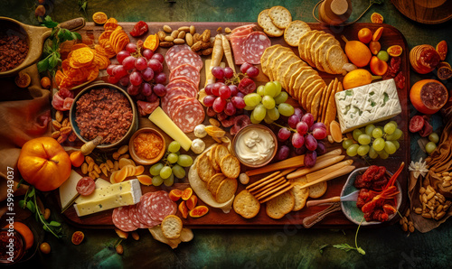 Platter of cheese, crackers, grapes, nuts, and meats. Generative AI.