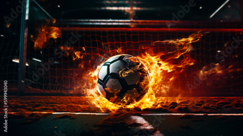 Soccer ball is in the middle of fireball on soccer field. Generative AI.