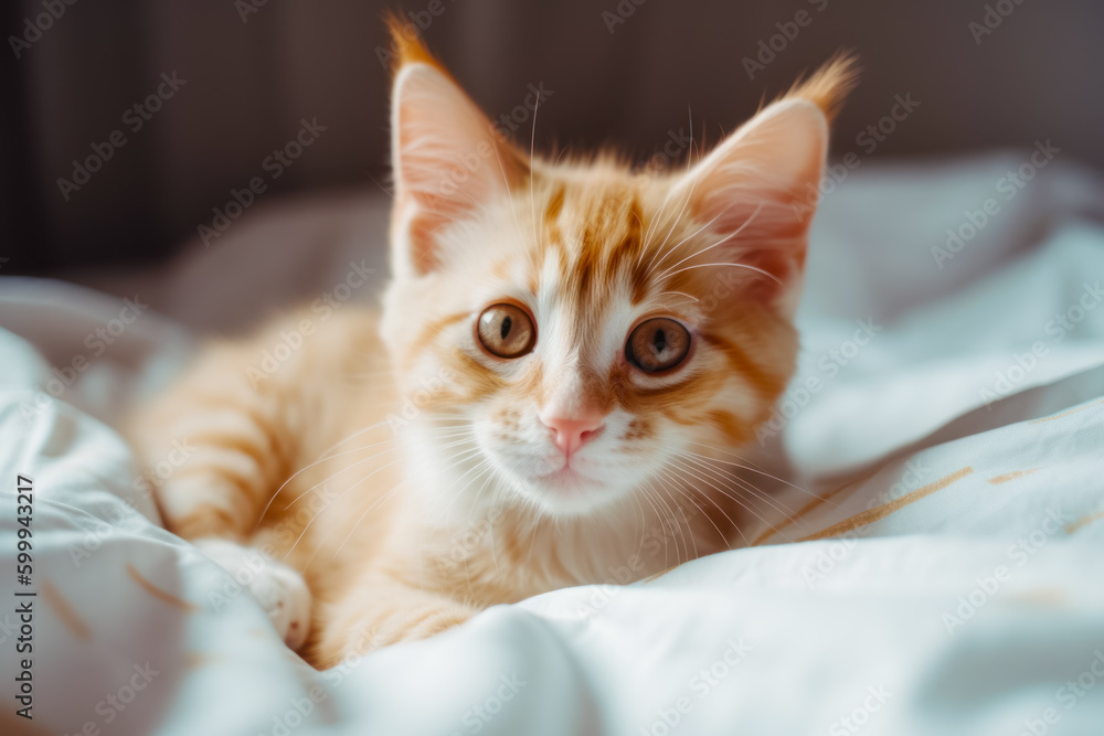 Orange and white kitten laying on top of white comforter on bed. Generative AI.