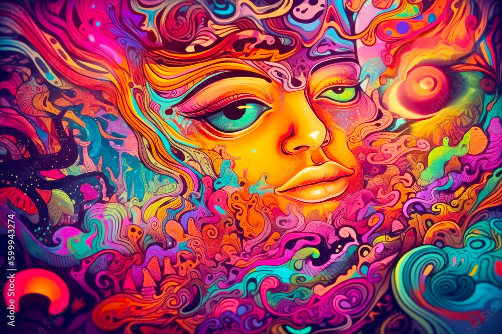 Image of woman's face with colorful swirls on it. Generative AI.