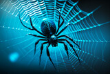 Close up of spider on its web in dark blue background. Generative AI.
