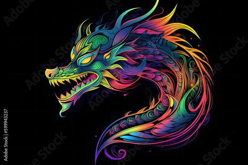 Colorful dragon head on black background with swirls and swirls. Generative AI. © valentyn640