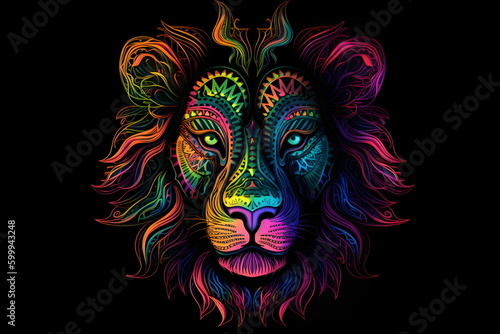 Colorful lion's face on black background with black background. Generative AI.