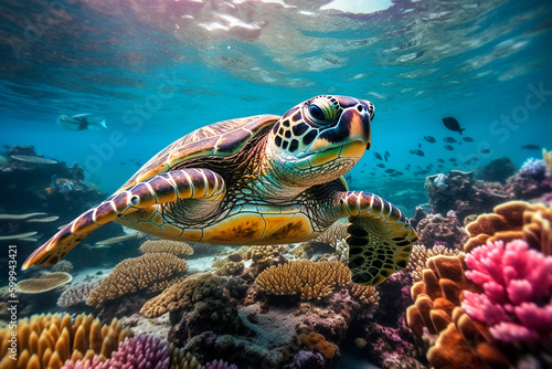 Sea turtle swims underwater. Undersea world.