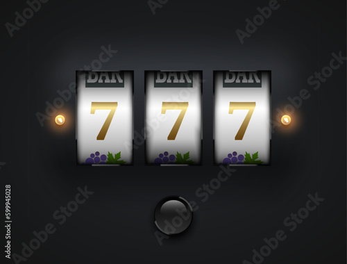 Lucky seven 777 slot machine. Spin button, cut frame, isolated on black background. Vector online casino vegas game. Gambling fortune chance web banner. Win jackpot golden 7, led bulb light