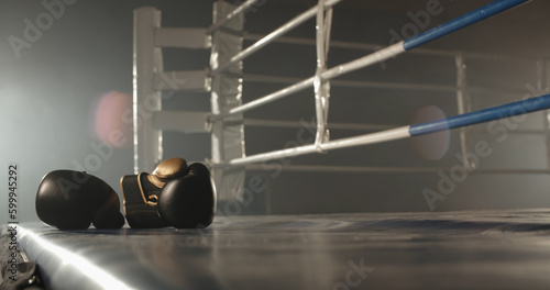 Boxing gloves on sparring ring, symbolizing end of his career - sports concept. Copy space