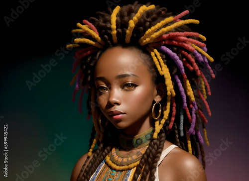 Beautiful African American girl with dreadlocks. Generative AI.