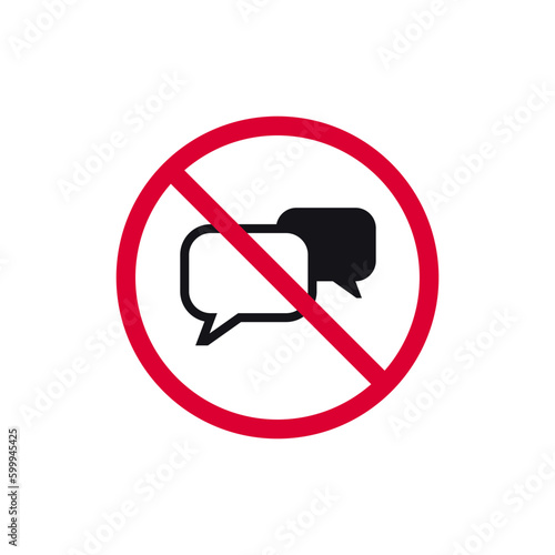 No chat prohibited sign, no speaking forbidden modern round sticker, vector illustration