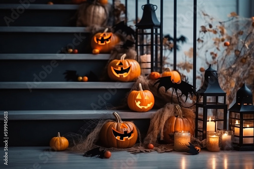 Colorful Pumpkins and Flowers on the Stairs of house, decoration for Halloween. Generative AI
