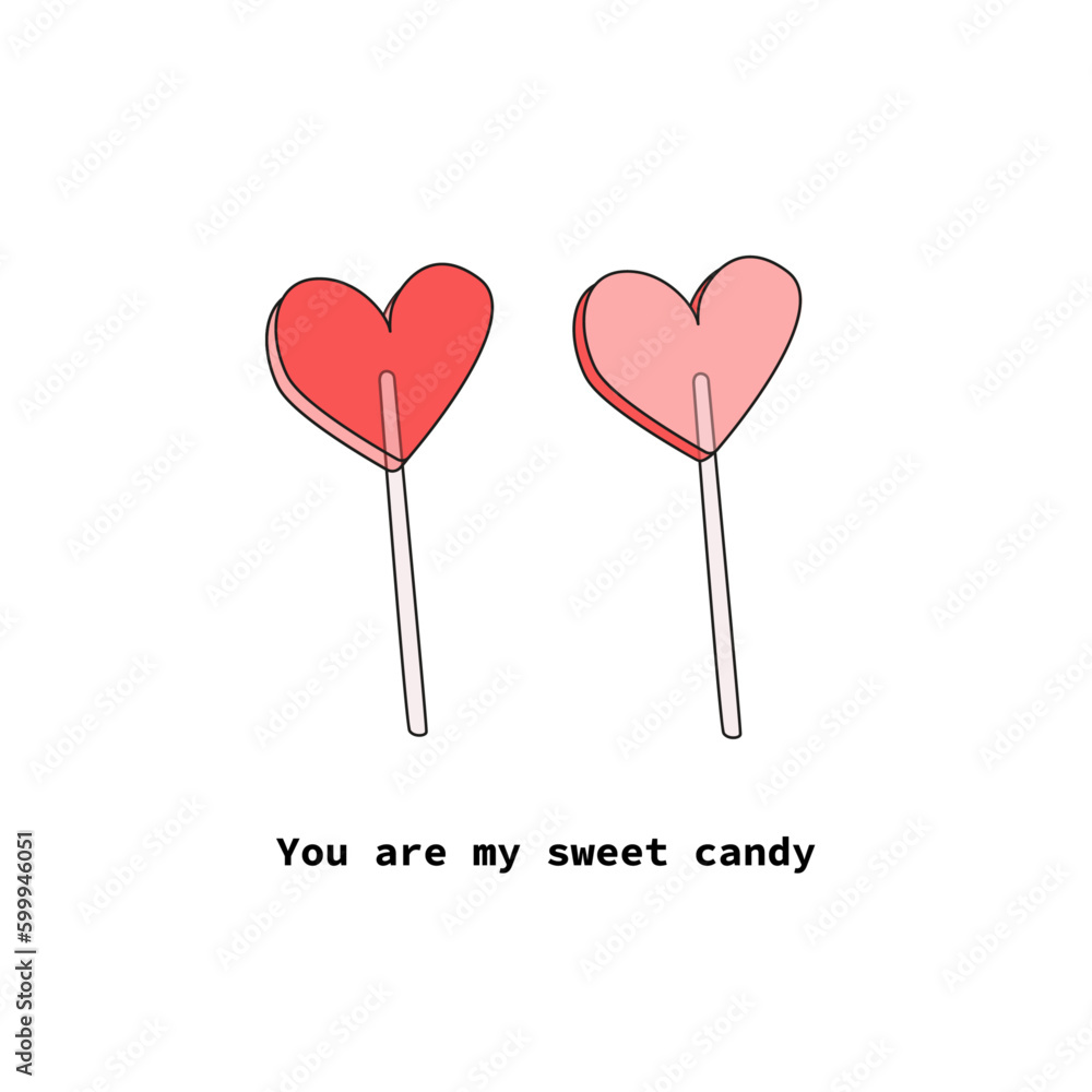 2 transparent lollipops hearts on stick, cute postcard for loved one, print. Vector illustration on white background. Valentine's Day, romance, love. Sweet candies for lovers. 2 transparent lollipops hearts on stick, cute postcard for loved one, print. Vector illustration on white background. Valentine's Day, romance, love. Sweet candies for lovers.