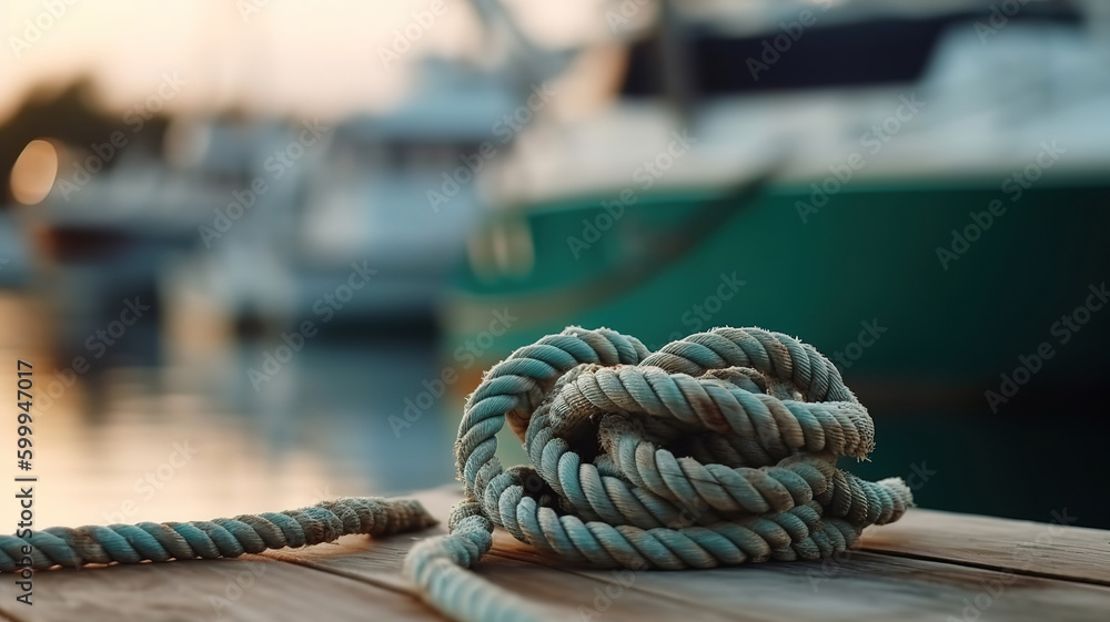 Nautical knot on a yacht rope against the background of water on the pier. Generative Ai