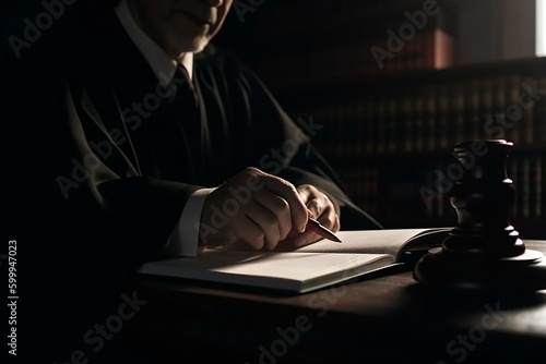 Judge with gavel sitting in courtroom, signing documents. Justice and law concept. Generative AI