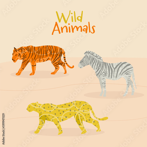 set of wild animals: tiger, zebra, leopard