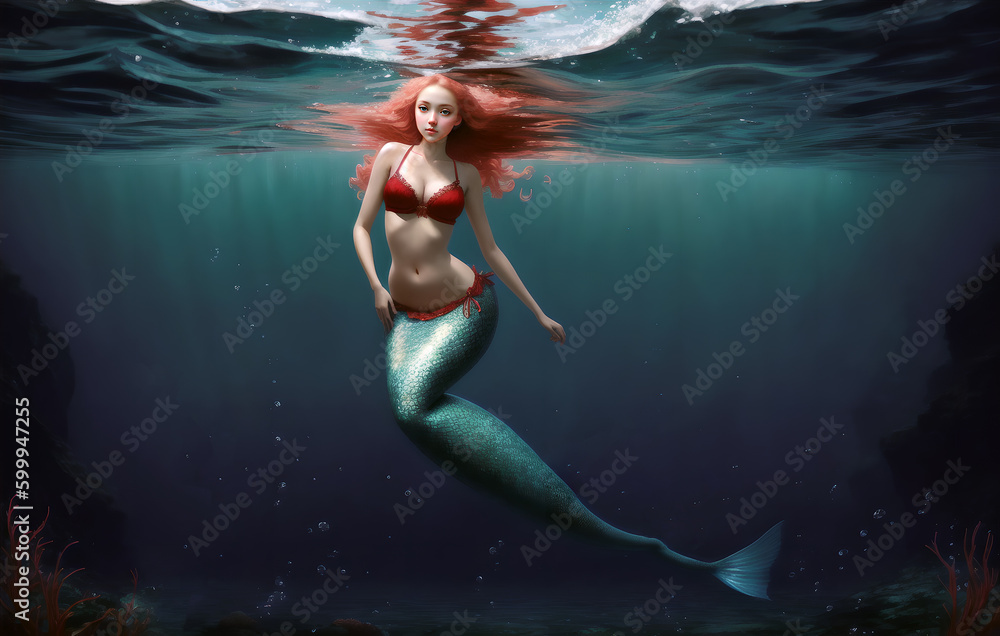 Portrait of a beautiful mermaid girl. Generative AI.