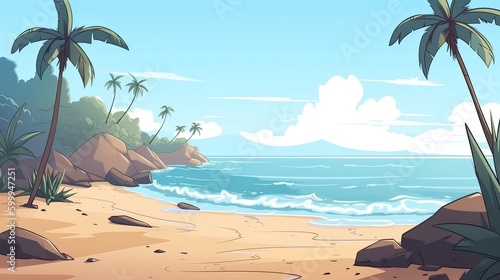 Sky and sun at sea background  ocean and beach vector island scenery empty cartoon. Ocean or sea water with waves and clouds in sky summer blue seascape with cloudy sky and seaside. Generative Ai