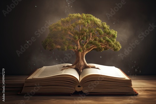 education concept with tree of knowledge planting on opening old big book in library with textbook, stack piles of text archive and aisle of bookshelves in school study class room. Generative Ai.