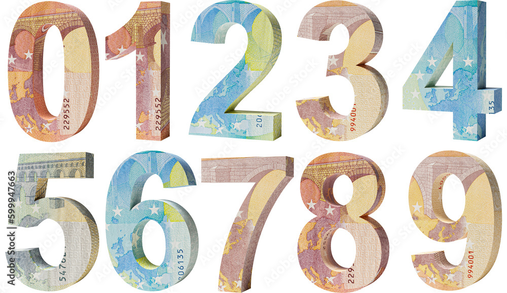 The digits 0 to 9 in 3d made from Euro bank notes isolated on ...