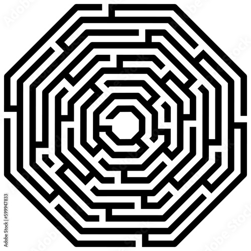 Octagon maze / labyrinth on white background, illustration of educational kids game, for children books and leisure, with solution