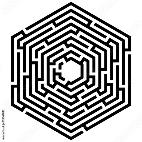 Hexagon maze / labyrinth on white background, illustration of educational kids game, for children books and leisure, with solution