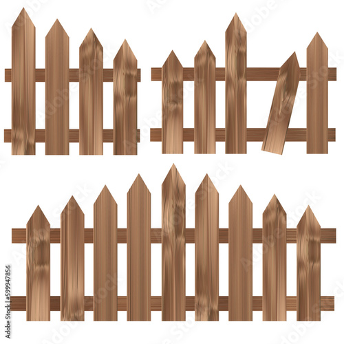 Wooden fence on white background. Wooden fence set.