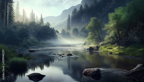 The Landscape of Untameable Nature of Mountains and River Forest Background AI Generative photo
