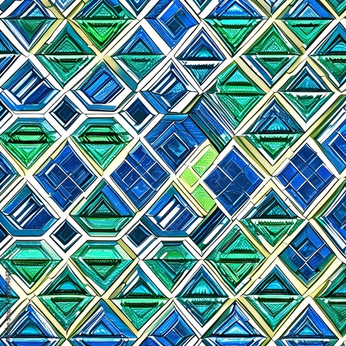 A repeating pattern of interlocking diamonds in shades of blue and green1, Generative AI photo