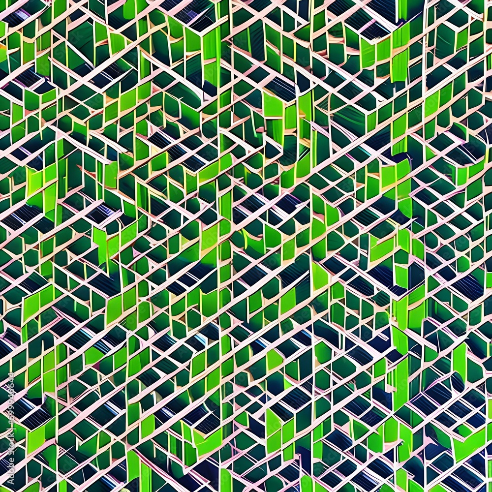 An abstract pattern of overlapping squares in shades of green and yellow, resembling a lattice1, Generative AI