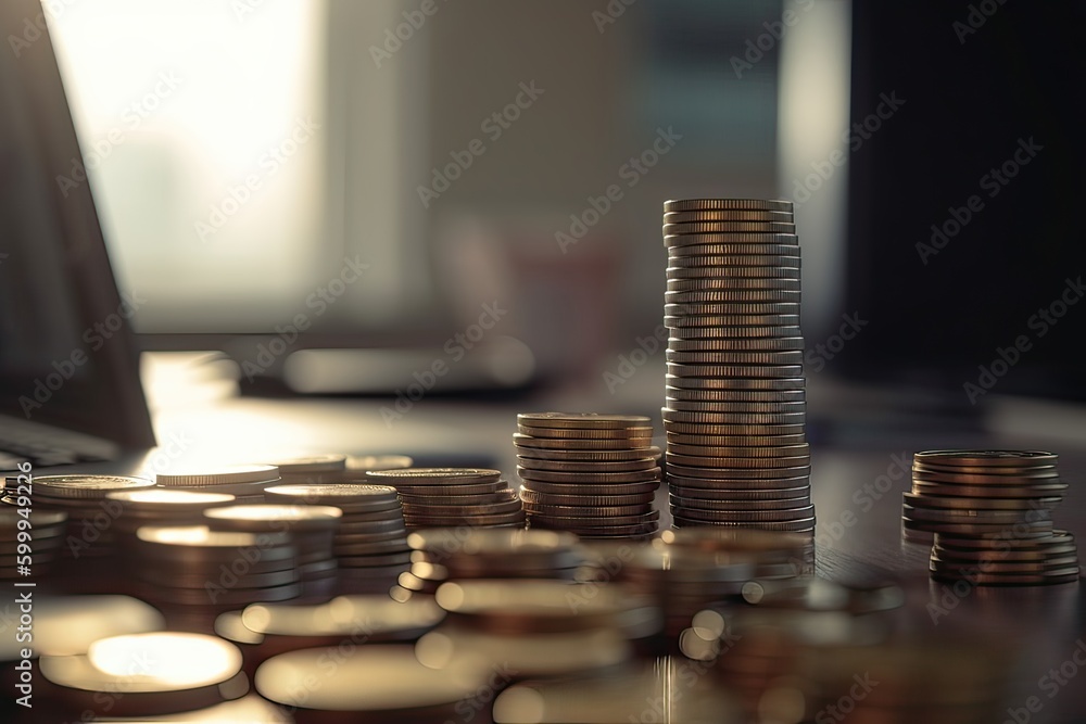 Stack of money coin with laptop computer open trading graph in the background, Business and Financial concept. Generative Ai. Stack of money coin with laptop computer open trading graph in the background, Business and Financial concept. Generative Ai.