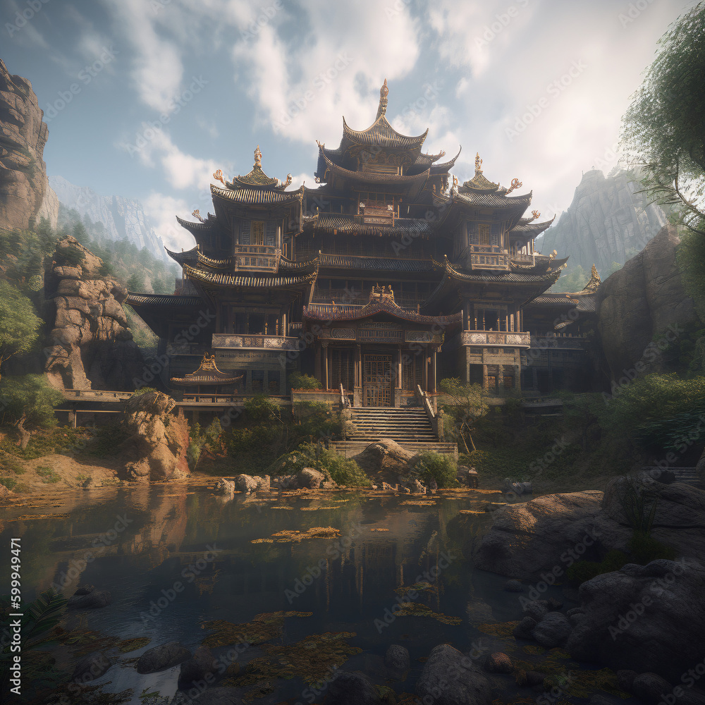 A large pagoda building sitting next to a body of water Generative Ai