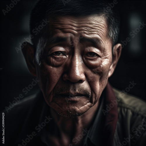 An old asian man with a concerned look on his face Generative Ai © Eduardo